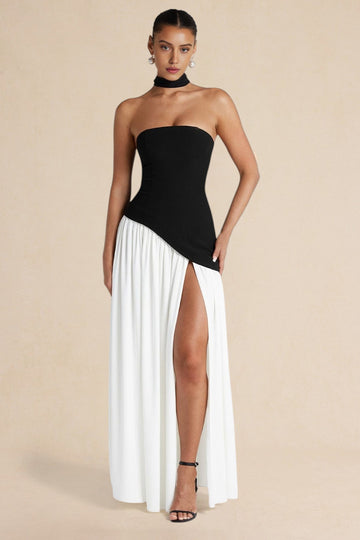 Contrast Satin Ruched Slit Strapless Maxi Dress - CuroStep