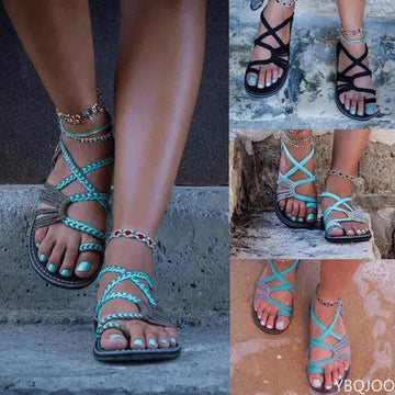 Large size rope knot sandals summer flip flops casual women's shoes Rome flat sandals thin strap beach comfortable sandals women - CuroStep