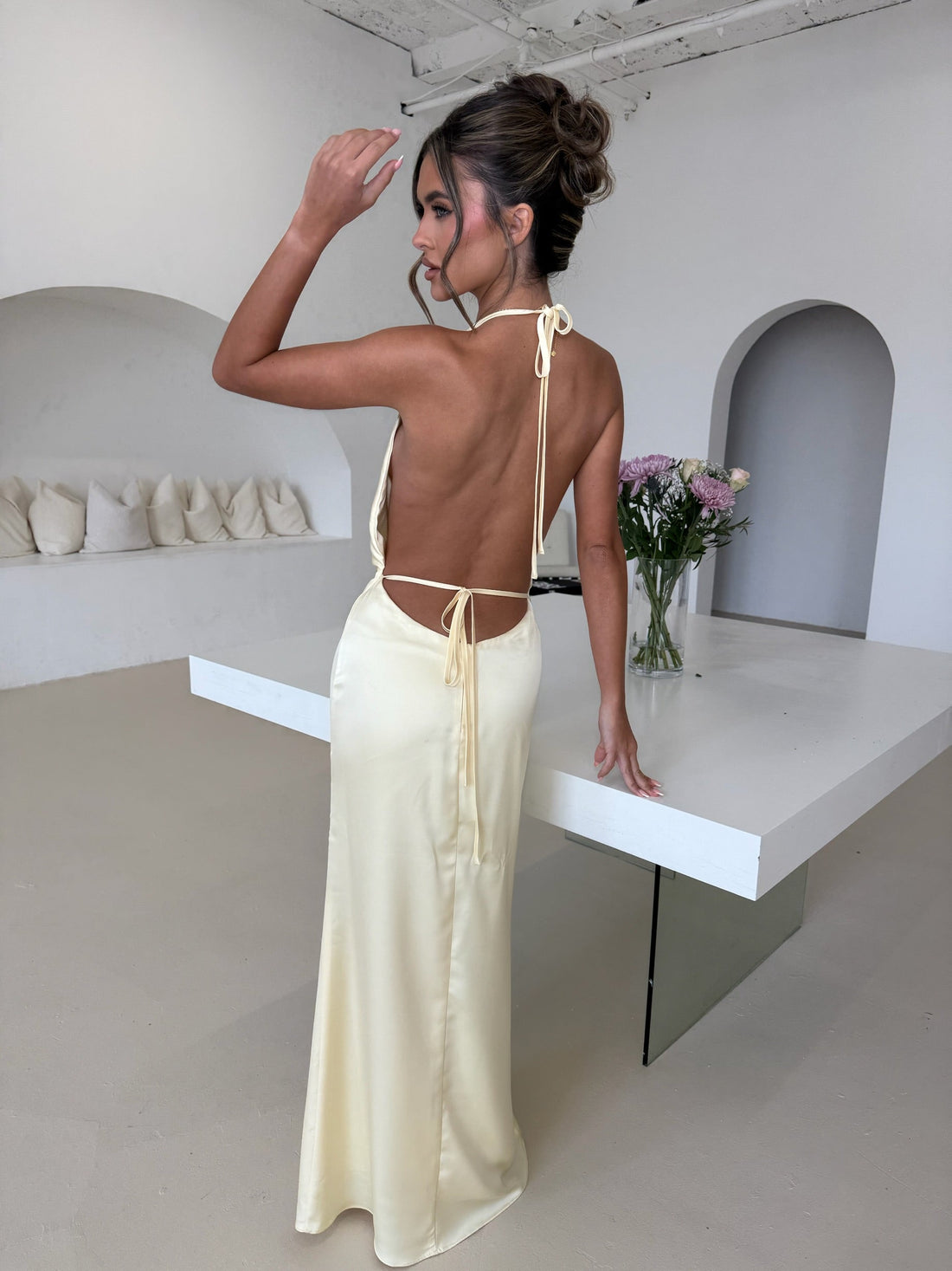 ‘PENELOPE’ Satin Maxi Dress With Flower Detailing - Lemon - CuroStep