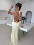 ‘PENELOPE’ Satin Maxi Dress With Flower Detailing - Lemon - CuroStep