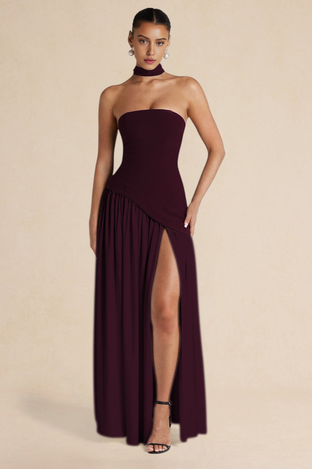 Contrast Satin Ruched Slit Strapless Maxi Dress - CuroStep