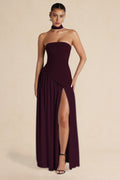 Contrast Satin Ruched Slit Strapless Maxi Dress - CuroStep