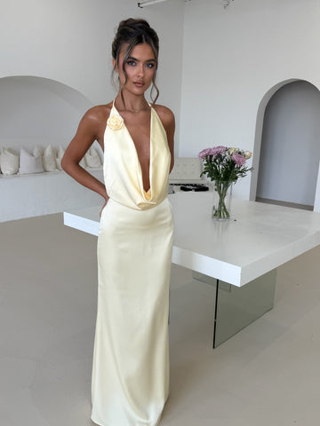 ‘PENELOPE’ Satin Maxi Dress With Flower Detailing - Lemon - CuroStep