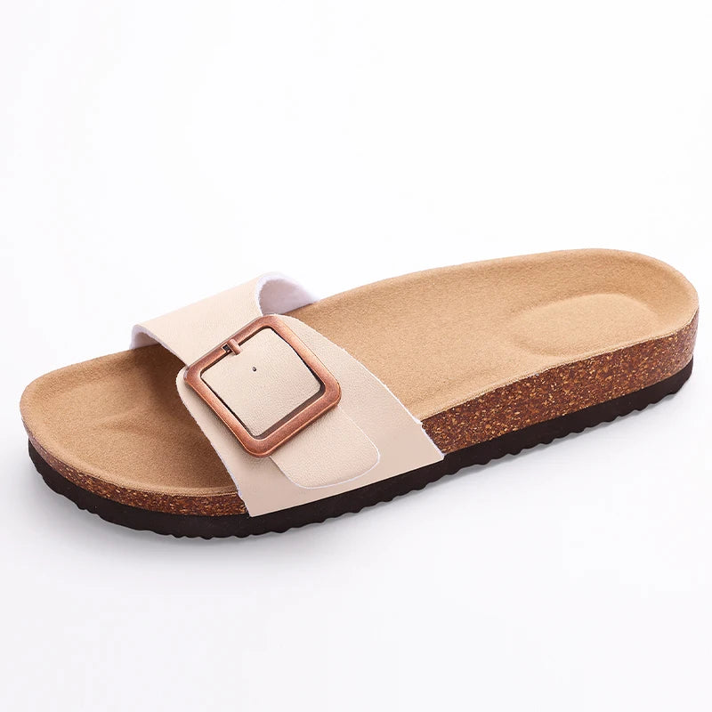 Gacimy Women Cork Slippers With Arch Support Fashion Leather Clogs Sandals Summer Open Toe Flat Mules Slippers Men Beach Slides - CuroStep