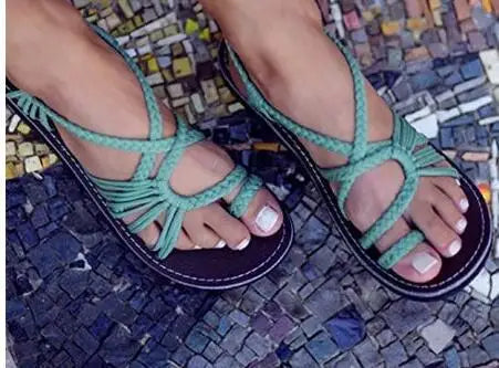 Large size rope knot sandals summer flip flops casual women's shoes Rome flat sandals thin strap beach comfortable sandals women - CuroStep
