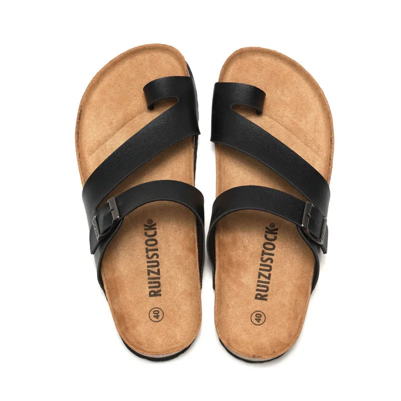 Gacimy Women Cork Slippers With Arch Support Fashion Leather Clogs Sandals Summer Open Toe Flat Mules Slippers Men Beach Slides - CuroStep