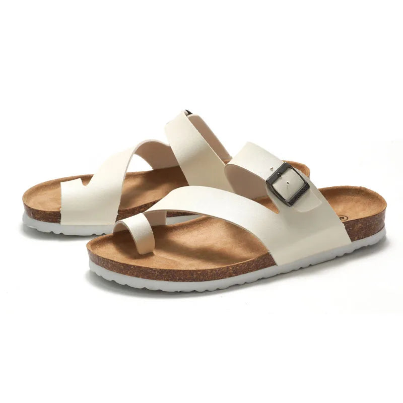Gacimy Women Cork Slippers With Arch Support Fashion Leather Clogs Sandals Summer Open Toe Flat Mules Slippers Men Beach Slides - CuroStep
