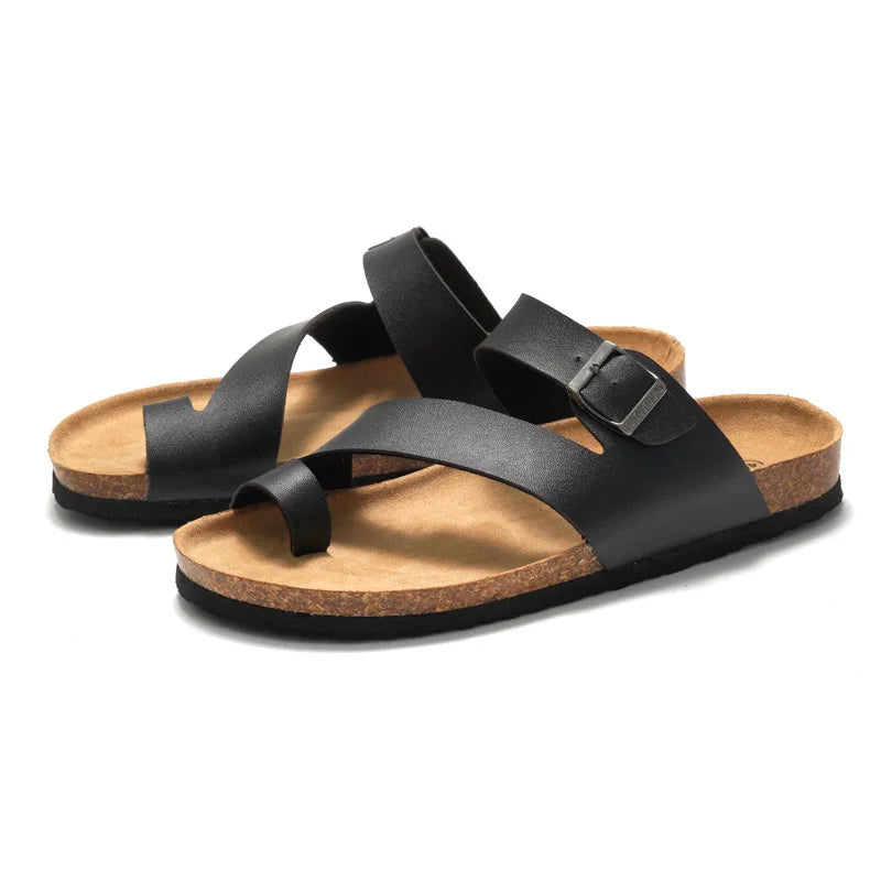 Gacimy Women Cork Slippers With Arch Support Fashion Leather Clogs Sandals Summer Open Toe Flat Mules Slippers Men Beach Slides - CuroStep