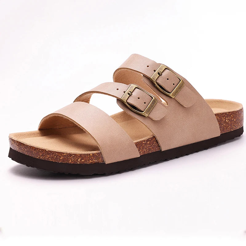 Gacimy Women Cork Slippers With Arch Support Fashion Leather Clogs Sandals Summer Open Toe Flat Mules Slippers Men Beach Slides - CuroStep