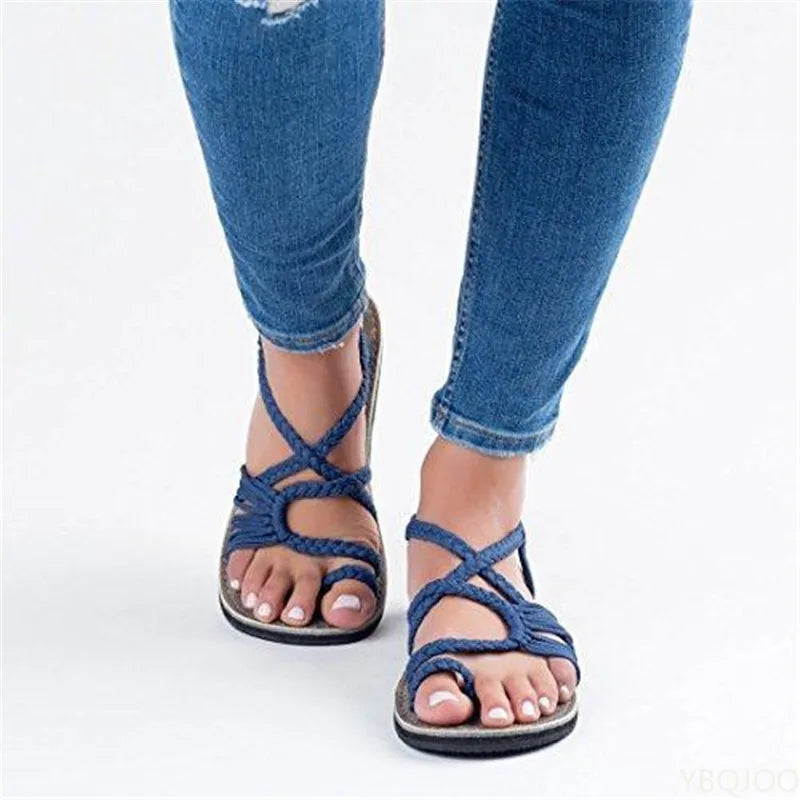 Large size rope knot sandals summer flip flops casual women's shoes Rome flat sandals thin strap beach comfortable sandals women - CuroStep