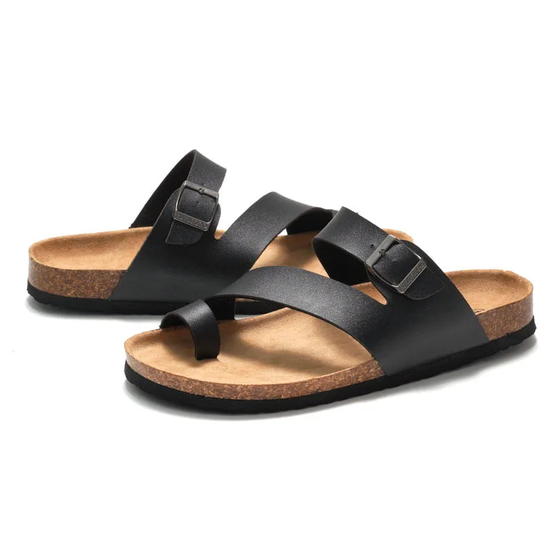 Gacimy Women Cork Slippers With Arch Support Fashion Leather Clogs Sandals Summer Open Toe Flat Mules Slippers Men Beach Slides - CuroStep