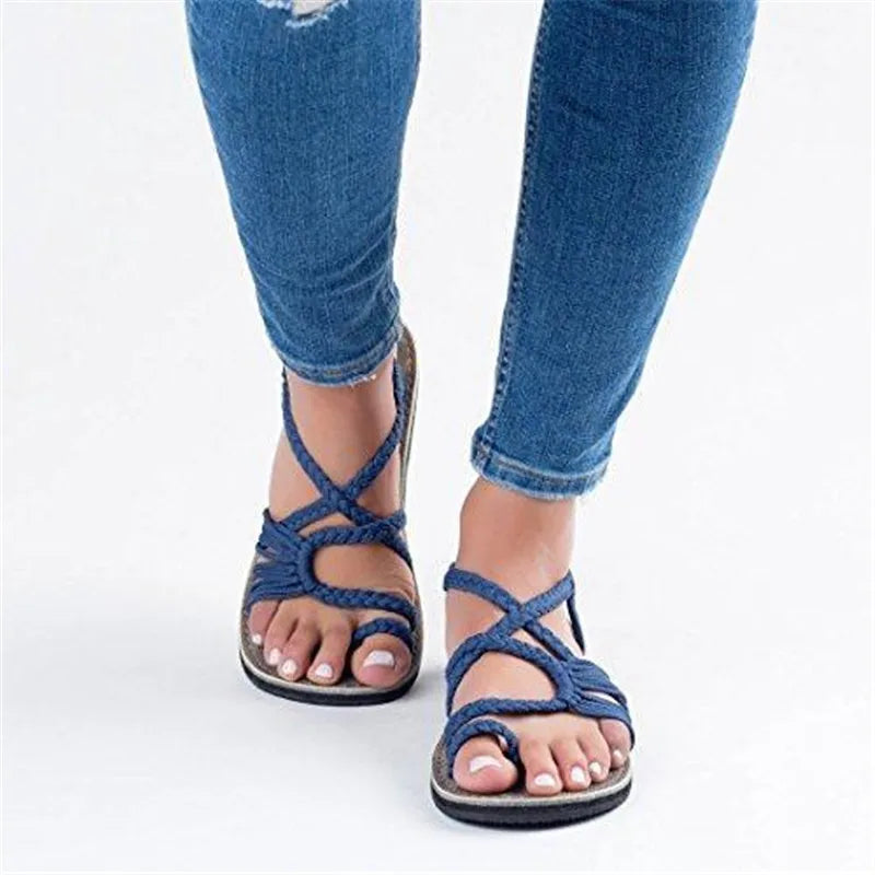 Large size rope knot sandals summer flip flops casual women's shoes Rome flat sandals thin strap beach comfortable sandals women - CuroStep