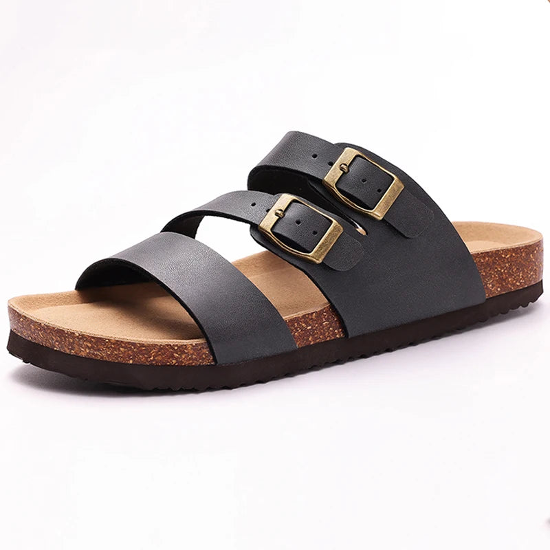 Gacimy Women Cork Slippers With Arch Support Fashion Leather Clogs Sandals Summer Open Toe Flat Mules Slippers Men Beach Slides - CuroStep