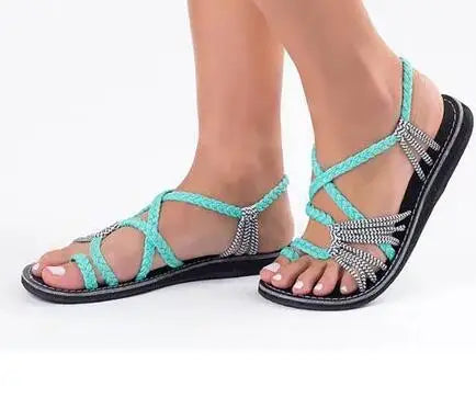 Large size rope knot sandals summer flip flops casual women's shoes Rome flat sandals thin strap beach comfortable sandals women - CuroStep