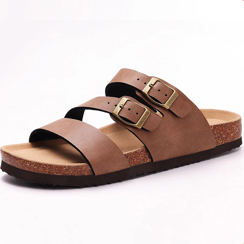 Gacimy Women Cork Slippers With Arch Support Fashion Leather Clogs Sandals Summer Open Toe Flat Mules Slippers Men Beach Slides - CuroStep