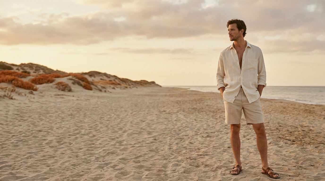 Summer Sale banner — male model in linen on beach