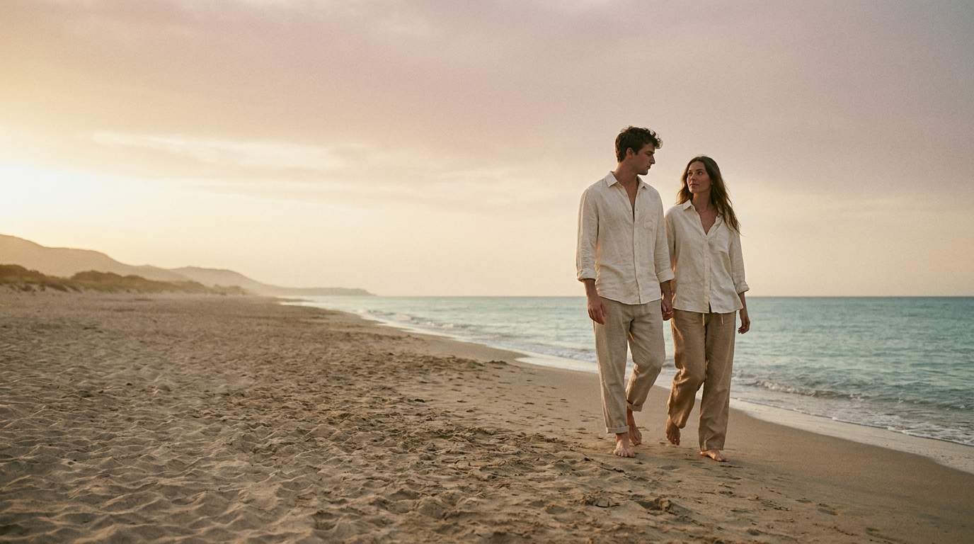 Summer collection hero — couple on beach at golden hour