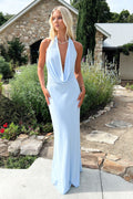 Mirella Plunge Halter Neck Maxi Dress - Blue - CuroStep