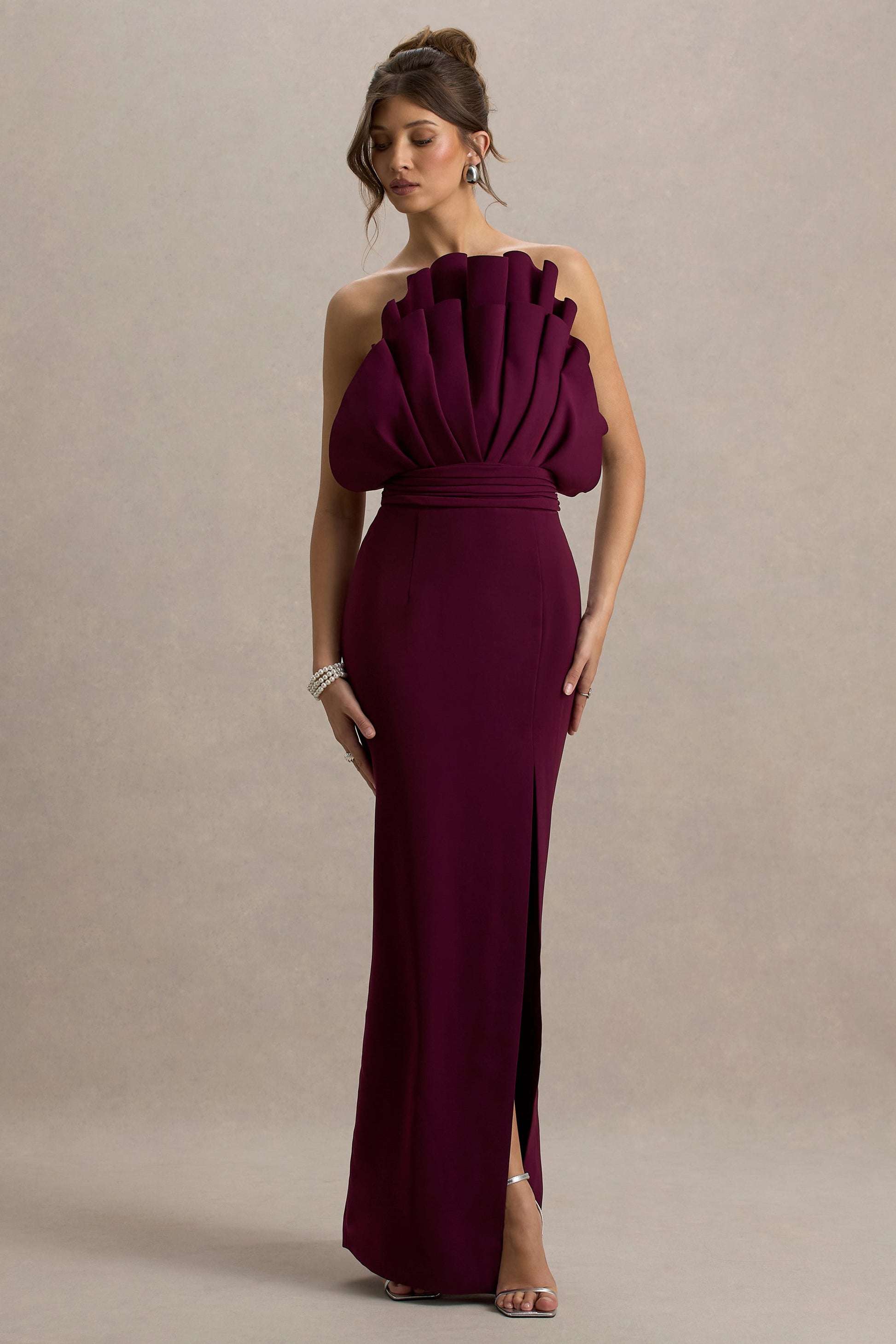 Set The Bar | Plum Ruffled Strapless Split Maxi Dress - CuroStep
