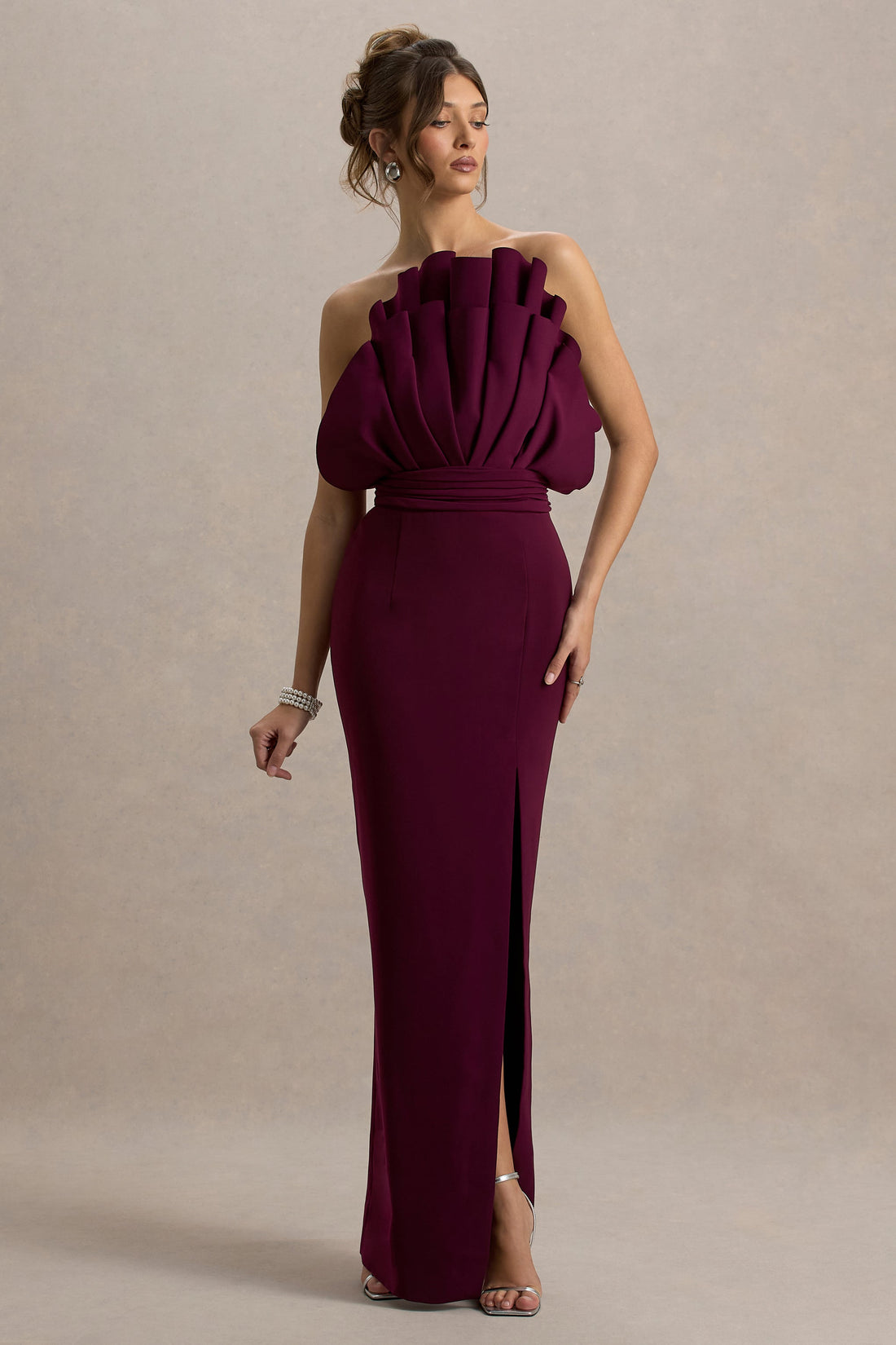 Set The Bar | Plum Ruffled Strapless Split Maxi Dress - CuroStep