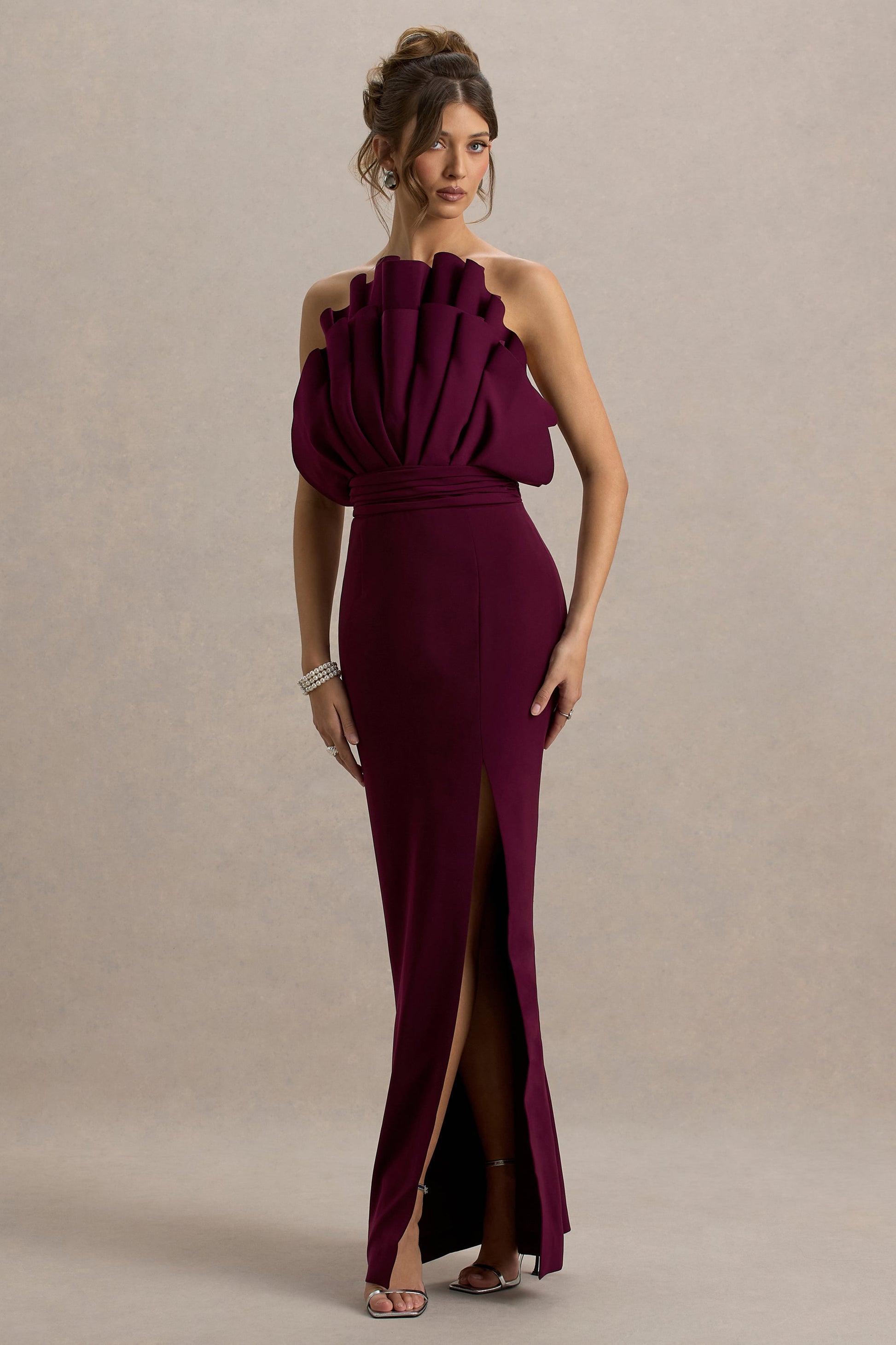 Set The Bar | Plum Ruffled Strapless Split Maxi Dress - CuroStep