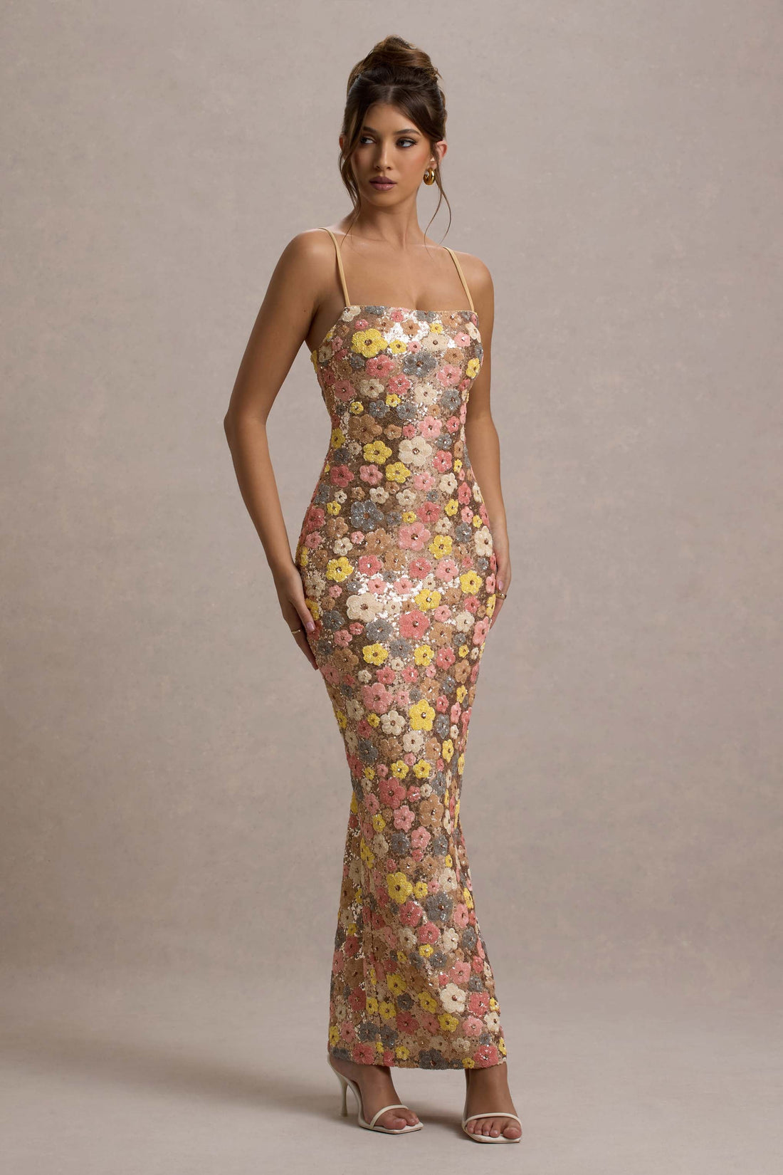 Vitora | Floral Print Sequin Square-Neck Maxi Dress - CuroStep