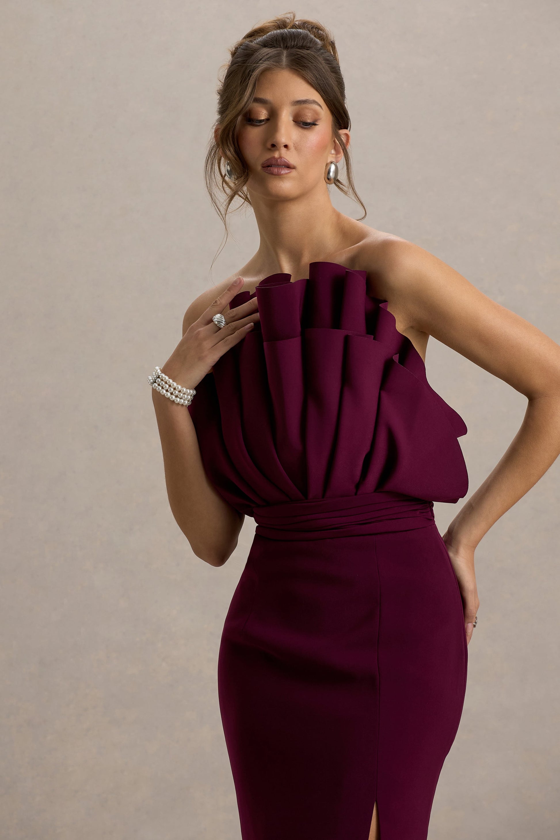 Set The Bar | Plum Ruffled Strapless Split Maxi Dress - CuroStep