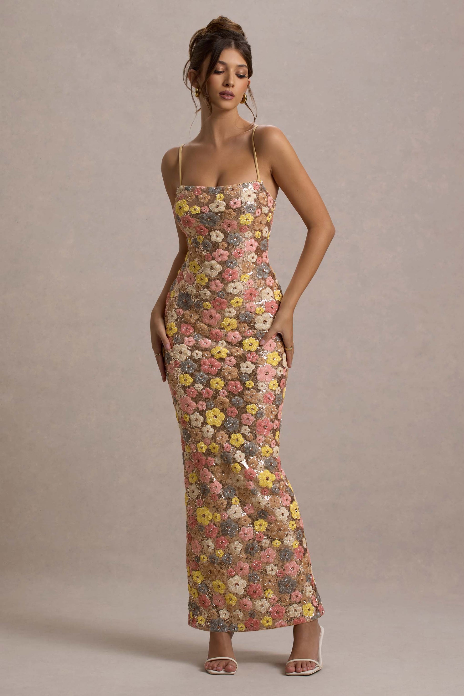 Vitora | Floral Print Sequin Square-Neck Maxi Dress - CuroStep