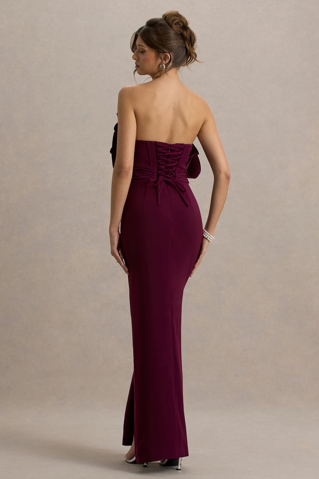 Set The Bar | Plum Ruffled Strapless Split Maxi Dress - CuroStep