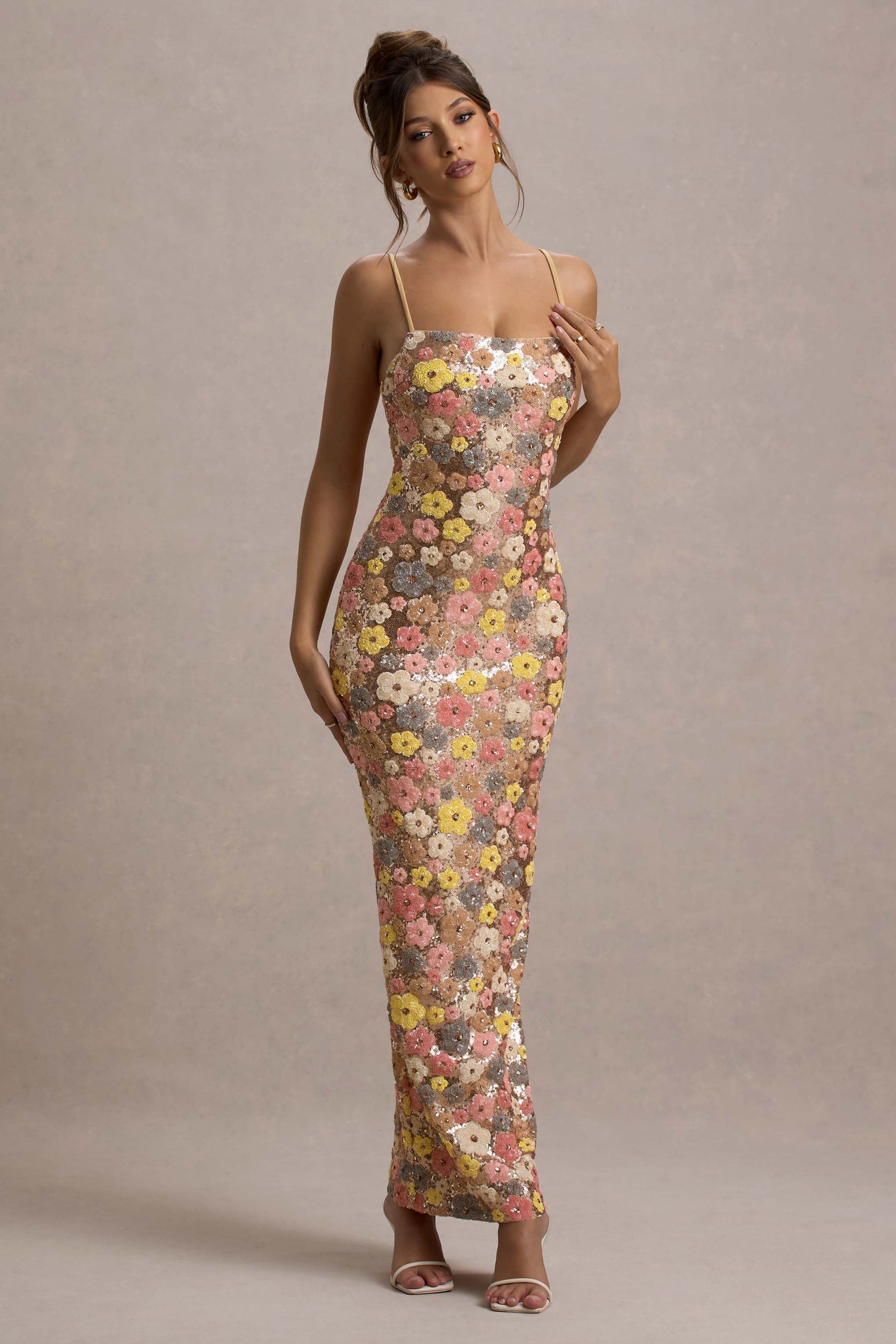 Vitora | Floral Print Sequin Square-Neck Maxi Dress - CuroStep